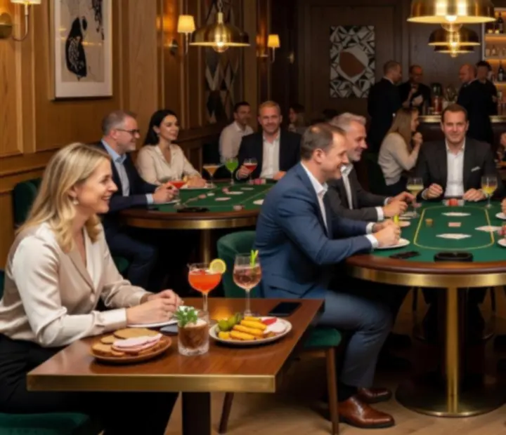 Stylový interiér restaurace a karetního salonku během pokerové party v Salon U Paní.