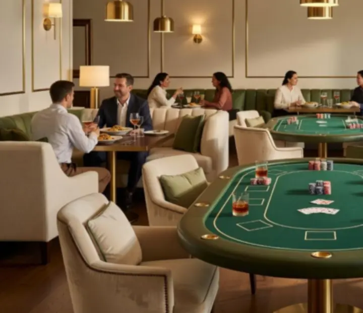 Elegantní restaurace Salon U Paní s pokerovým stolem, hosté si užívají večeři a živý poker.