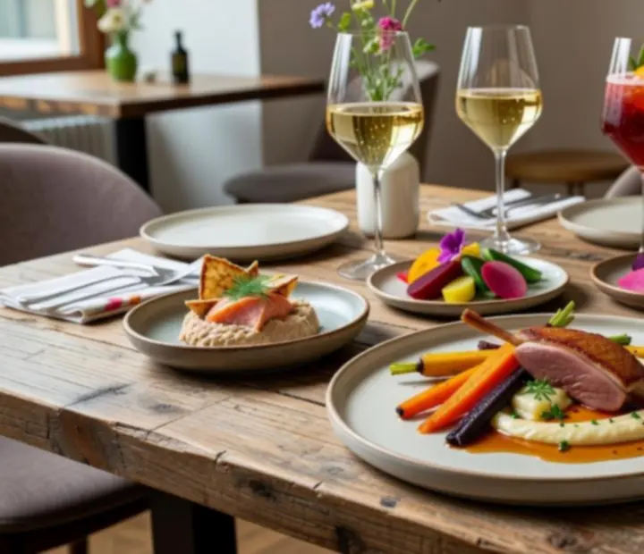 Moderní sezónní menu v restauraci Salon U Paní se sdílenými talíři a dezerty.