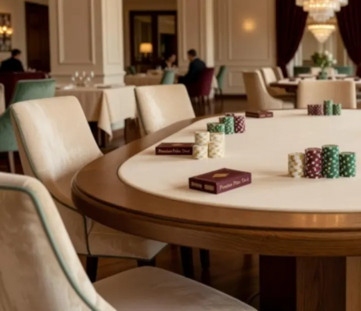 Elegantní pokerový stůl v Salon U Paní s kartami, žetony a sklenkami na stole