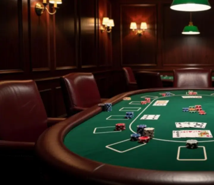 Profesionální pokerový stůl v karetním salonku se žetony a kartami
