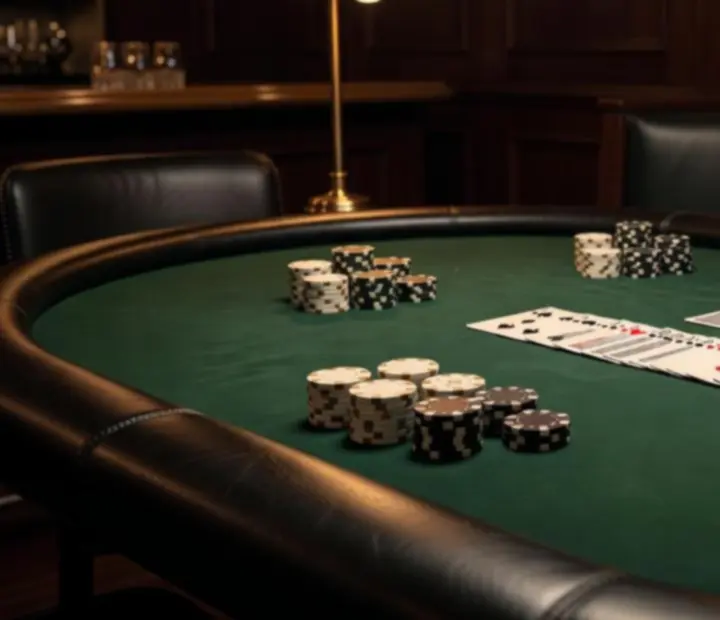 Rezervovaný pokerový stůl s kartami a žetony v restauraci Salon U Paní.